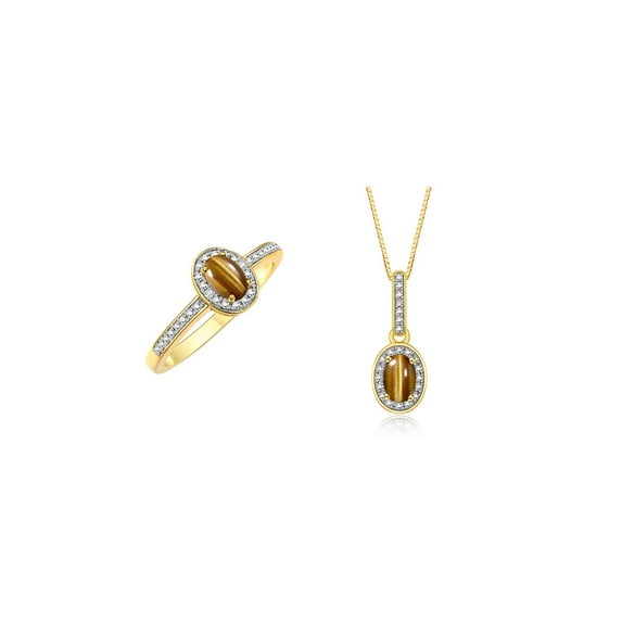 RYLOS Matching Jewelry 14K Yellow Gold Halo Pendant Necklace & Matching Ring. Gemstone & Diamonds, 18" Chain. 6X4MM Tiger Eye November Birthstone Jewelry Size 8