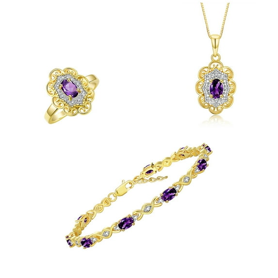 RYLOS Matching Jewelry Hugs & Kisses Infinity Set: Yellow Gold Plated Tennis Bracelet, Ring & Necklace. Gemstone & Diamonds, Adjustable 7"-8" Wrist & 18" Chain. Amethyst Birthstone; Size 10