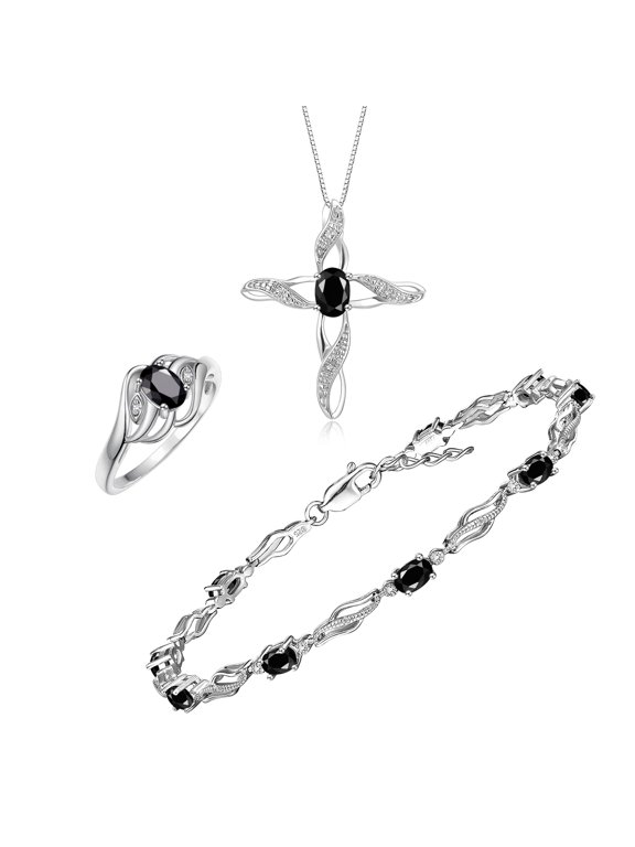 Matching Jewelry Infinity Wave Set: Sterling Silver Infinity Wave Tennis Bracelet, Ring & Necklace Gemstone w/ Diamonds Adjustable 7"-8" Wrist & 18" Chain Onyx October Birthstone Ring Size 9