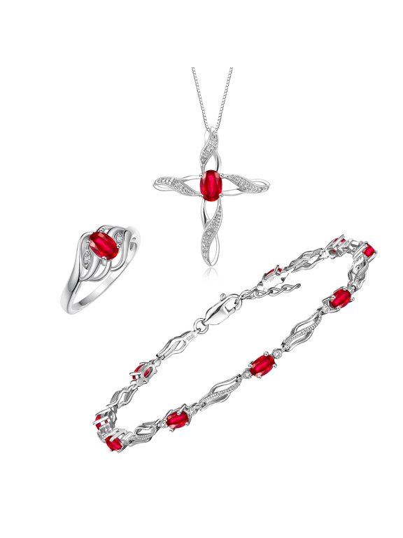 Matching Jewelry Infinity Wave Set: Sterling Silver Infinity Wave Tennis Bracelet, Ring & Necklace Gemstone w/ Diamonds Adjustable 7"-8" Wrist & 18" Chain Ruby July Birthstone Ring Size 9