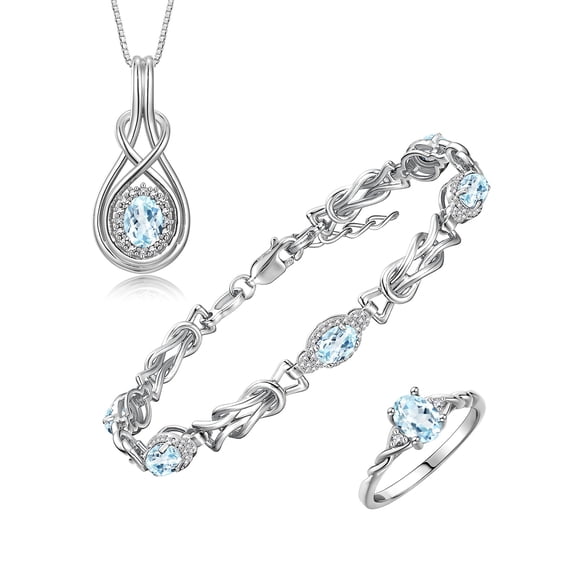 RYLOS Matching Jewelry Love Knot Set: Sterling Silver Tennis Bracelet, Ring & Necklace Gemstone w/ Diamonds Adjustable 7"-8" Wrist & 18" Chain Aquamarine March Birthstone; Size 7