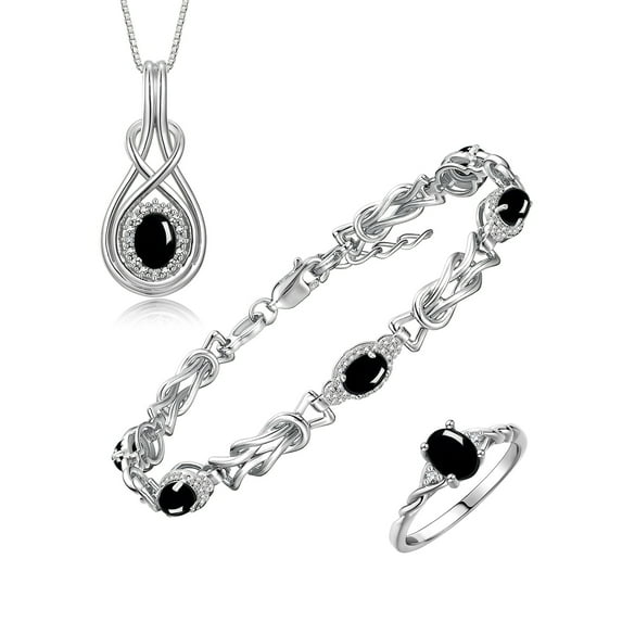 RYLOS Matching Jewelry Love Knot Set: Sterling Silver Tennis Bracelet, Ring & Necklace Gemstone w/ Diamonds Adjustable 7"-8" Wrist & 18" Chain Cabochon Onyx October Birthstone; Size 10