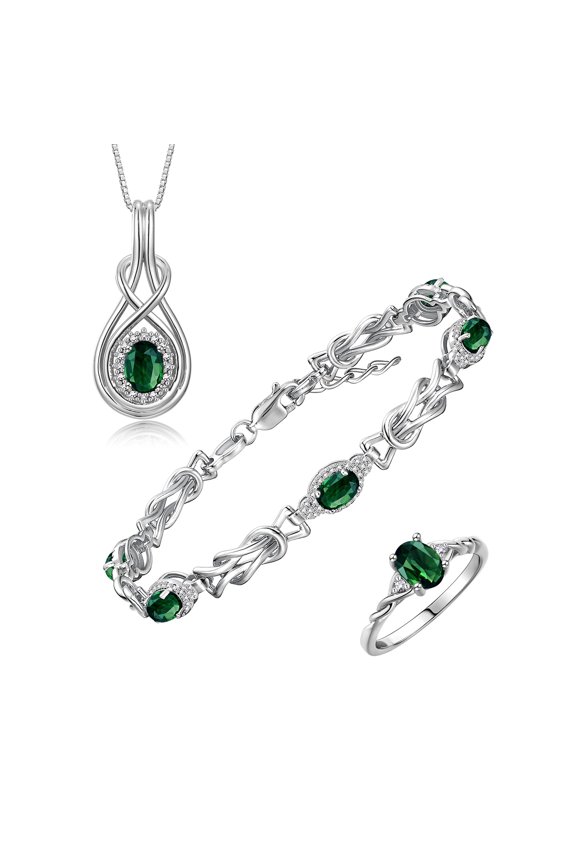 Matching Jewelry Love Knot Set: Sterling Silver Tennis Bracelet, Ring & Necklace Gemstone w/ Diamonds Adjustable 7"-8" Wrist & 18" Chain Green Sapphire September Birthstone; Size 9