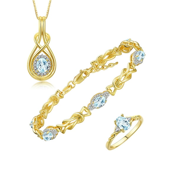 RYLOS Matching Jewelry Love Knot Set: Yellow Gold Plated Silver Tennis Bracelet, Ring & Necklace Gemstone w/ Diamonds Adjustable 7"-8" Wrist & 18" Chain Aquamarine March Birthstone; Size 6