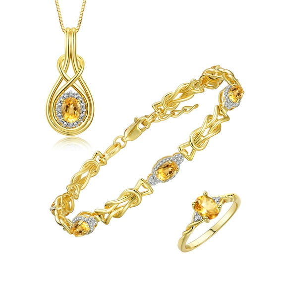 RYLOS Matching Jewelry Love Knot Set: Yellow Gold Plated Silver Tennis Bracelet, Ring & Necklace Gemstone w/ Diamonds Adjustable 7"-8" Wrist & 18" Chain Citrine November Birthstone; Size 10