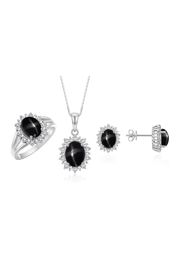 Matching Jewelry Set 14K White Gold Princess Diana Inspired Earrings, Ring & Necklace. Gemstone & Diamonds, 8X6MM Black Star Sapphire Birthstone; Size 6