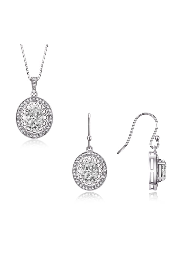 Matching Jewelry Set 14K White Gold Princess Diana Inspired Ring & Necklace. Gemstone & Diamonds, 8X6MM White Topaz April Birthstone; Size 8