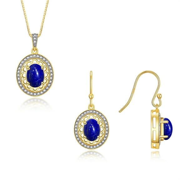 RYLOS Matching Jewelry Set 14K Yellow Gold Princess Diana Inspired Earrings & Necklace W/ 18" Chain Gemstone & Diamonds 8X6MM Lapis September Birthstone