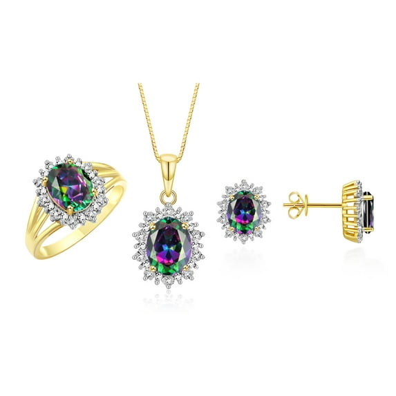RYLOS Matching Jewelry Set 14K Yellow Gold Princess Diana Inspired Earrings, Ring & Necklace W/ 18" Chain Gemstone & Diamonds 8X6MM Alexandrite June Birthstone; Size 5