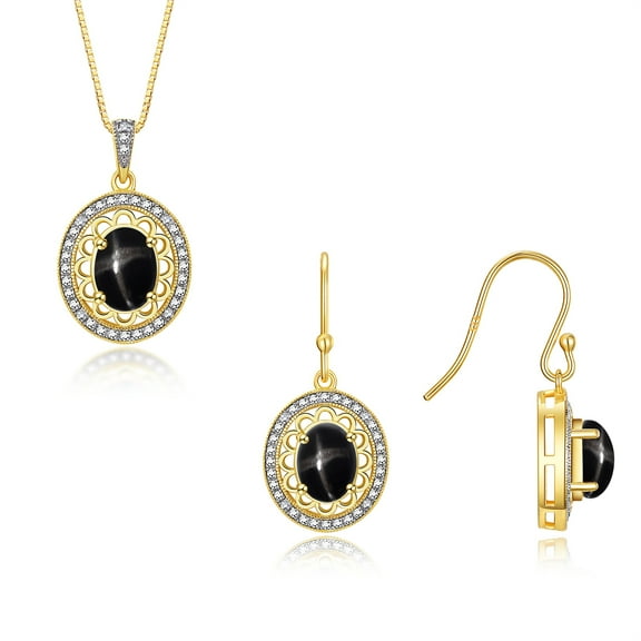 RYLOS Matching Jewelry Set 14K Yellow Gold Princess Diana Inspired Ring & Necklace W/ 18" Chain Gemstone & Diamonds 8X6MM Black Star Sapphire Birthstone; Size 9