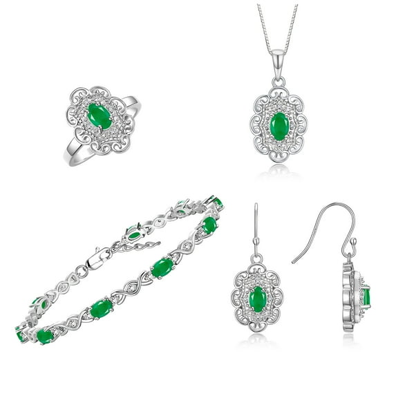 RYLOS Matching Jewelry Set Floral Design: Sterling Silver Tennis Bracelet, Earrings, Ring & Necklace. Gemstone & Diamonds. 7X5MM, 6X4MM & 5X3MM Emerald May Birthstone Jewelry size 7