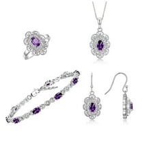 RYLOS Matching Jewelry Set Floral Design: Sterling Silver Tennis Bracelet, Earrings, Ring & Necklace. Gemstone & Diamonds.  Amethyst February Birthstone Ring size 5
