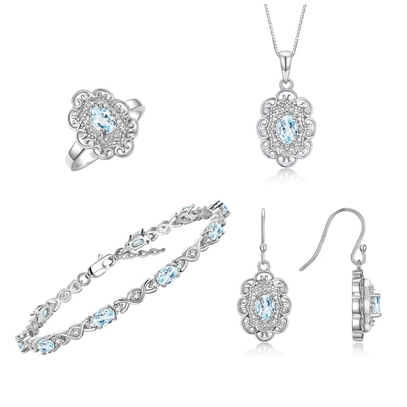 RYLOS Matching Jewelry Set Floral Design: Sterling Silver Tennis Bracelet, Earrings, Ring & Necklace. Gemstone & Diamonds.  Aquamarine March Birthstone Ring size 8