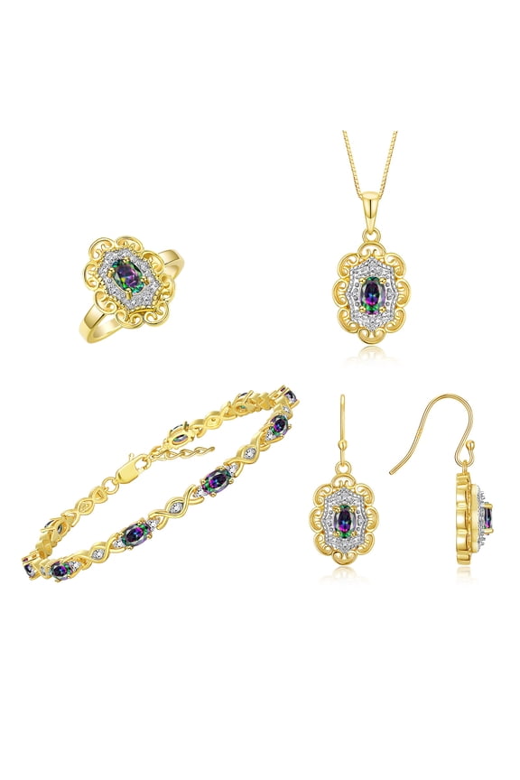 Matching Jewelry Set Floral Design: Yellow Gold Plated Silver Tennis Bracelet, Earrings, Ring & Necklace. Gemstone & Diamonds. Alexandrite June Birthstone Jewelry size 7