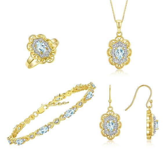 RYLOS Matching Jewelry Set Floral Design: Yellow Gold Plated Silver Tennis Bracelet, Earrings, Ring & Necklace. Gemstone & Diamonds. Aquamarine March Birthstone Jewelry size 6
