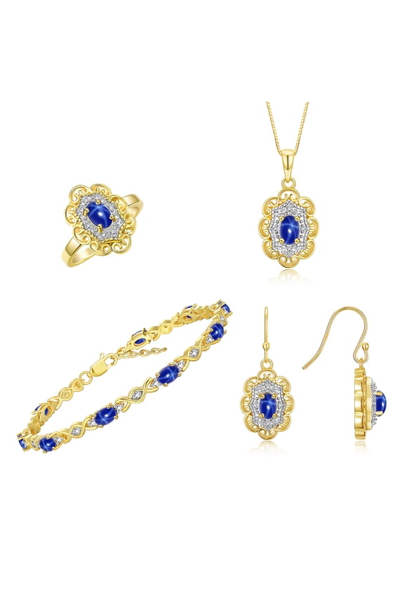 Matching Jewelry Set Floral Design: Yellow Gold Plated Silver Tennis Bracelet, Earrings, Ring & Necklace. Gemstone & Diamonds. Blue Star Sapphire Jewelry size 9