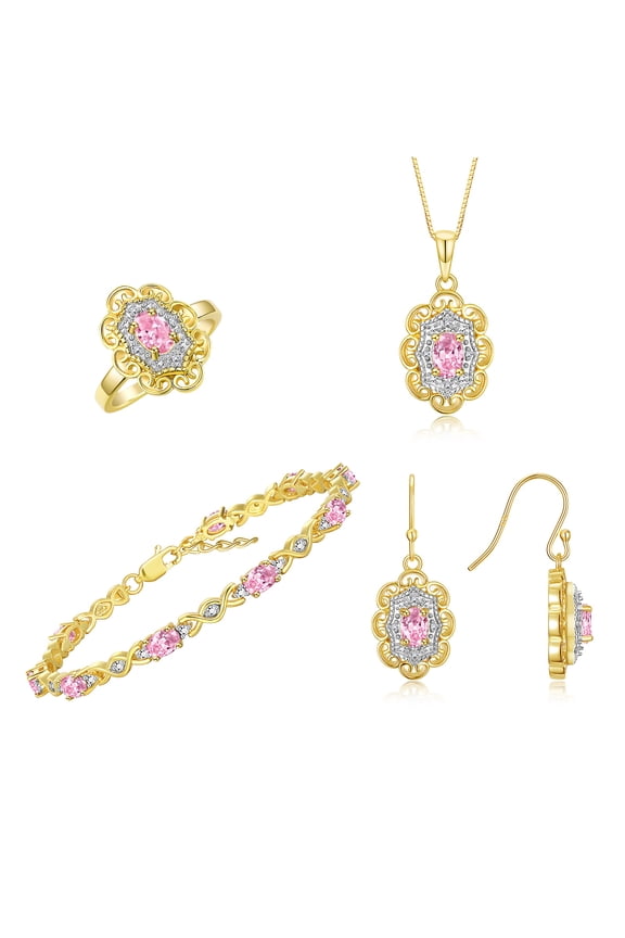 Matching Jewelry Set Floral Design: Yellow Gold Plated Silver Tennis Bracelet, Earrings, Ring & Necklace. Gemstone & Diamonds. Pink Ice October Birthstone Jewelry size 9