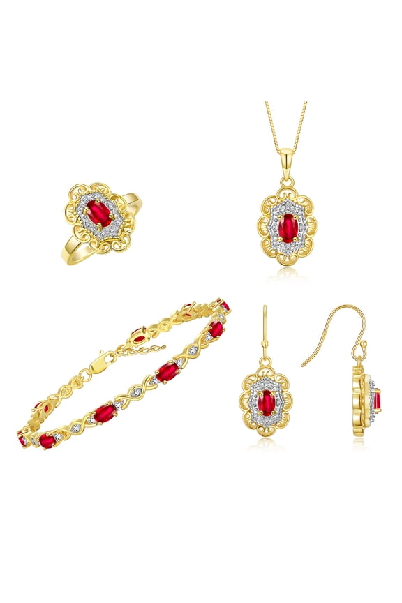 Matching Jewelry Set Floral Design: Yellow Gold Plated Silver Tennis Bracelet, Earrings, Ring & Necklace. Gemstone & Diamonds. Ruby July Birthstone Ring size 5
