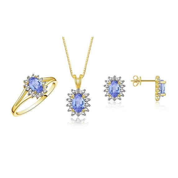 *RYLOS Matching Jewelry Set Green Tanzanite & Diamond Matching Set - Ring, Earrings and Pendant Necklace - DECEMBER Birthstone* Size 8