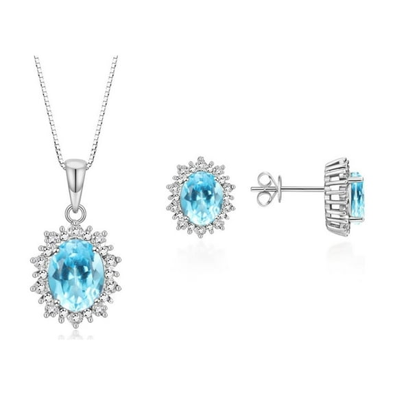 RYLOS Matching Jewelry Set Sterling Silver Princess Diana Inspired Earrings & Pendant Necklace. Gemstone & Diamonds, 8X6MM Blue Topaz December Birthstone