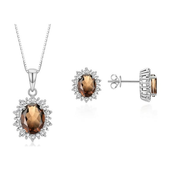 RYLOS Matching Jewelry Set Sterling Silver Princess Diana Inspired Earrings & Pendant Necklace. Gemstone & Diamonds, 8X6MM Smoky Quartz June Birthstone