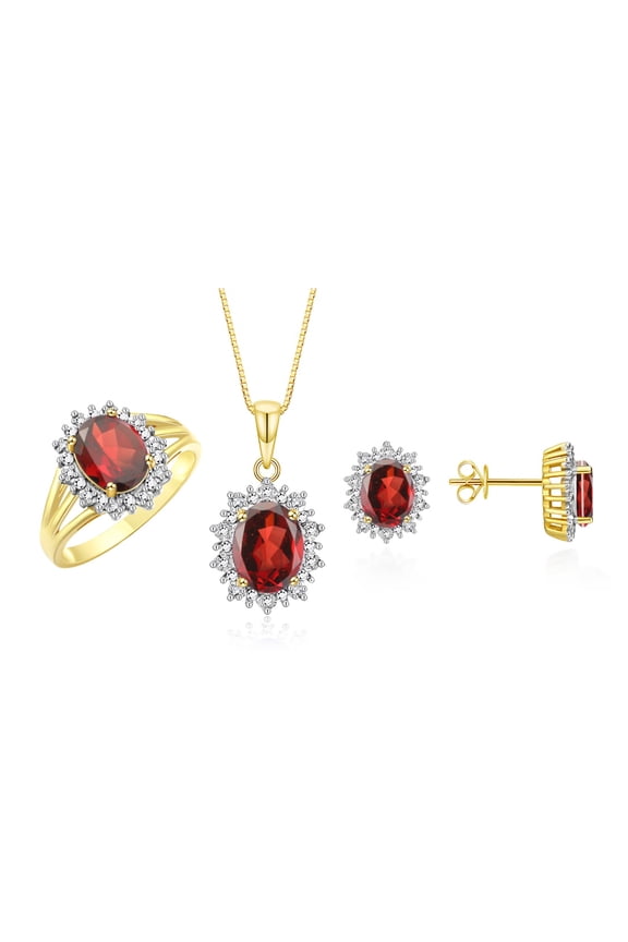 Matching Jewelry Set Yellow Gold Plated Silver Princess Diana Inspired Earrings, Ring & Pendant Necklace with 18" Chain Gemstone & Diamonds 8X6MM Garnet January Birthstone; Size 8
