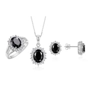 RYLOS Matching Jewelry Set Sterling Silver Princess Diana Inspired Earrings, Ring & Pendant Necklace. Gemstone & Diamonds, 8X6MM Onyx October Birthstone; Friendship Size 10