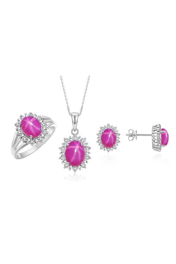 Matching Jewelry Set Sterling Silver Princess Diana Inspired Earrings, Ring & Pendant Necklace. Gemstone & Diamonds, 8X6MM Star Ruby July Birthstone; Friendship Size 10