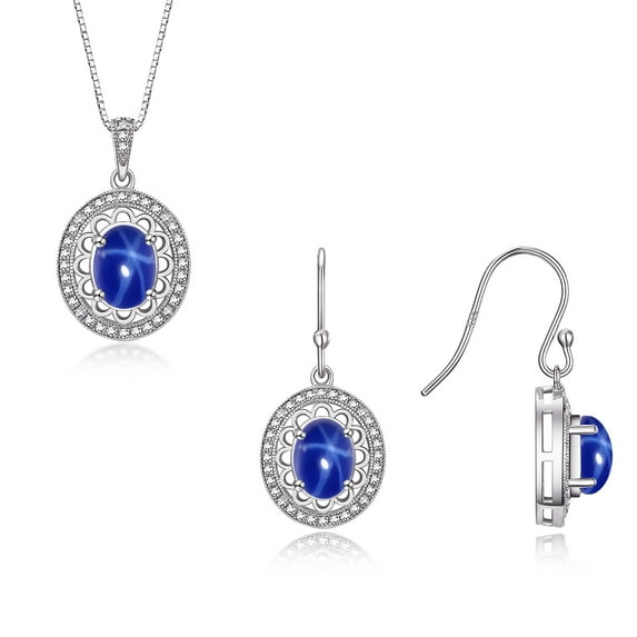 RYLOS Matching Jewelry Set Sterling Silver Princess Diana Inspired Ring & Pendant Necklace with 18" Chain Gemstone & Diamonds 8X6MM Blue Star Sapphire September Birthstone; Size 10