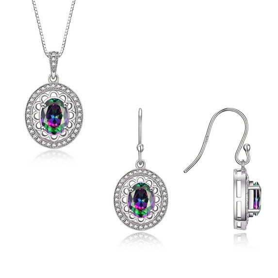 RYLOS Matching Jewelry Set Sterling Silver Princess Diana Inspired Ring & Pendant Necklace. Gemstone & Diamonds, 8X6MM Alexandrite June Birthstone; Size 7