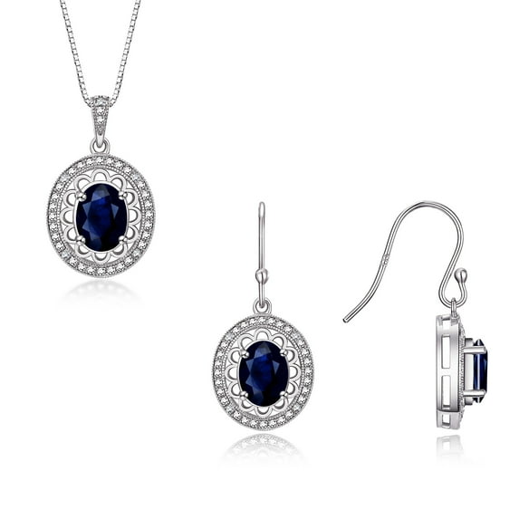RYLOS Matching Jewelry Set Sterling Silver Princess Diana Inspired Ring & Pendant Necklace. Gemstone & Diamonds, 8X6MM Sapphire September Birthstone; Size 6