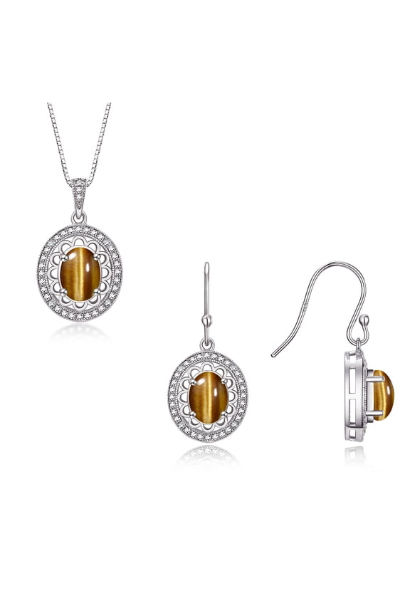 Matching Jewelry Set Sterling Silver Princess Diana Inspired Ring & Pendant Necklace. Gemstone & Diamonds, 8X6MM Tiger Eye November Birthstone; Size 9