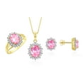 thumbnail image 1 of RYLOS Matching Jewelry Set Yellow Gold Plated Silver Princess Diana Inspired Earrings, Ring & Pendant Necklace. Gemstone & Diamonds, 8X6MM Pink Ice October Birthstone; Size 6, 1 of 7