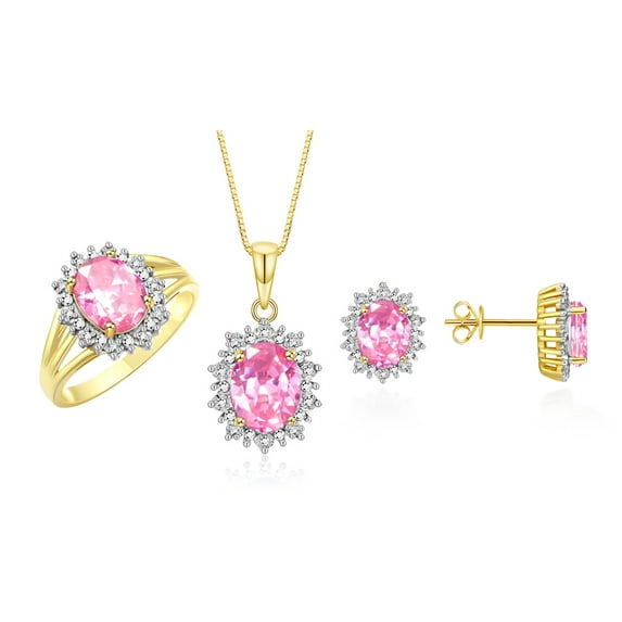 RYLOS Matching Jewelry Set Yellow Gold Plated Silver Princess Diana Inspired Earrings, Ring & Pendant Necklace. Gemstone & Diamonds, 8X6MM Pink Ice October Birthstone; Size 6