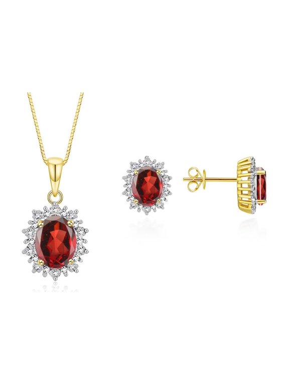 Matching Jewelry Set Yellow Gold Plated Silver Princess Diana Inspired Earrings & Pendant Necklace with 18" Chain Gemstone & Diamonds 8X6MM Garnet January Birthstone