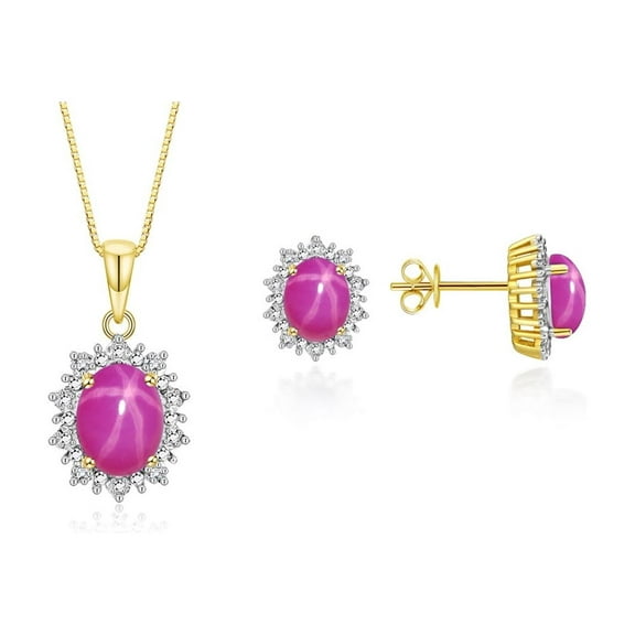 RYLOS Matching Jewelry Set Yellow Gold Plated Silver Princess Diana Inspired Earrings & Pendant Necklace with 18" Chain Gemstone &  Diamonds 8X6MM Star Ruby July Birthstone