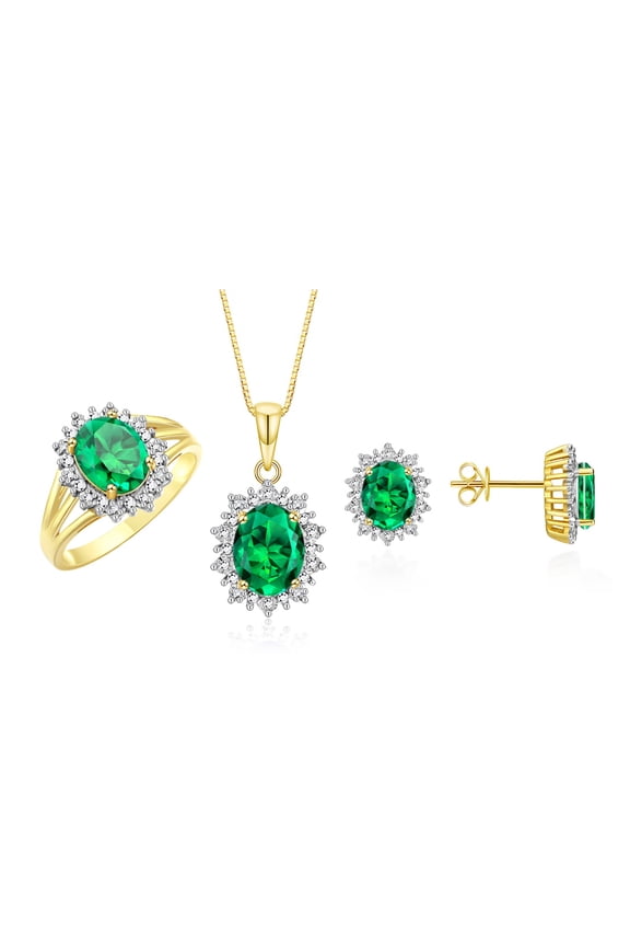 Matching Jewelry Set Yellow Gold Plated Silver Princess Diana Inspired Earrings, Ring & Pendant Necklace with 18" Chain Gemstone &  Diamonds 8X6MM Emerald May Birthstone; Size 9