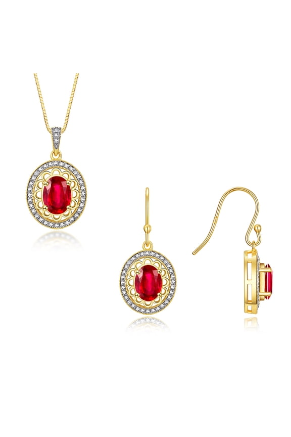 Matching Jewelry Set Yellow Gold Plated Silver Princess Diana Inspired Ring & Pendant Necklace with 18" Chain Gemstone &  Diamonds 8X6MM Ruby July Birthstone; Size 6