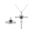 thumbnail image 1 of RYLOS Matching Jewelry Sterling Silver Claddagh Ring & Cross Necklace. Heart Gemstone & Diamonds, 6MM Amethyst February Birthstone; Size 5, 1 of 9