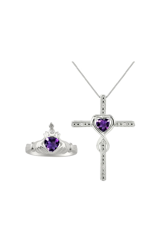 Matching Jewelry Sterling Silver Claddagh Ring & Cross Necklace. Heart Gemstone & Diamonds, 6MM Amethyst February Birthstone; Size 5