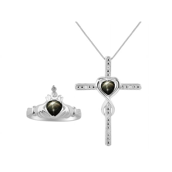 RYLOS Matching Jewelry Sterling Silver Claddagh Ring & Cross Necklace. Heart Gemstone & Diamonds, 6MM Black Star Sapphire March Birthstone; Size 7
