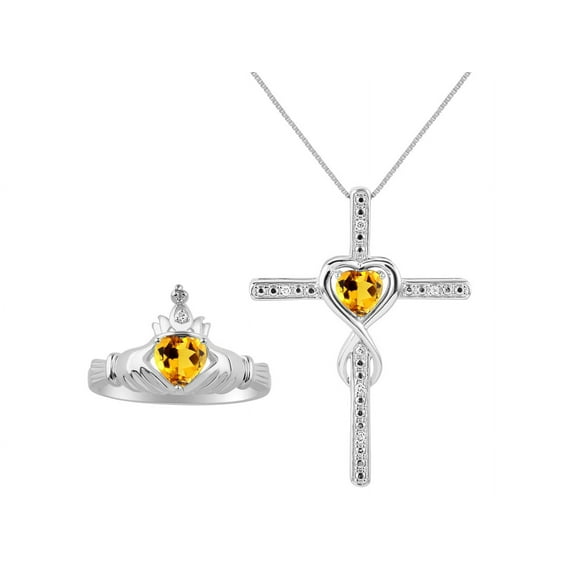 RYLOS Matching Jewelry Sterling Silver Claddagh Ring & Cross Necklace. Heart Gemstone & Diamonds, 6MM Citrine Yellow Topaz November Birthstone; Size 5