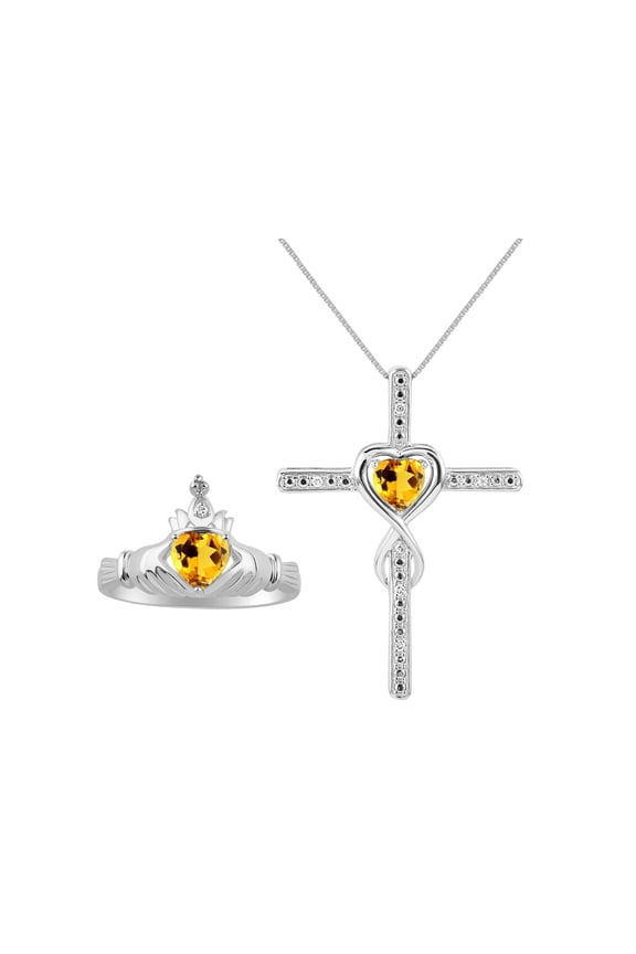 Matching Jewelry Sterling Silver Claddagh Ring & Cross Necklace. Heart Gemstone & Diamonds, 6MM Citrine Yellow Topaz November Birthstone; Size 6