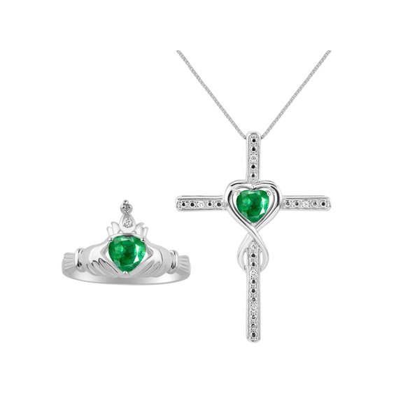RYLOS Matching Jewelry Sterling Silver Claddagh Ring & Cross Necklace. Heart Gemstone & Diamonds, 6MM Emerald May Birthstone; Friendship Size 10
