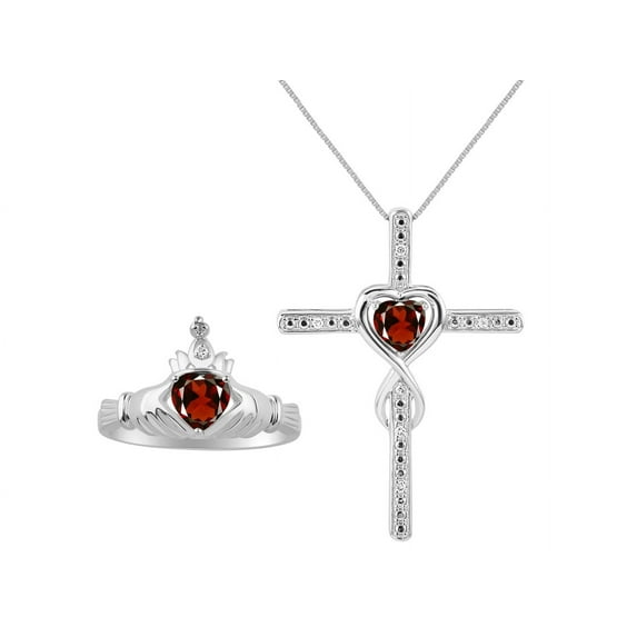 RYLOS Matching Jewelry Sterling Silver Claddagh Ring & Cross Necklace. Heart Gemstone & Diamonds, 6MM Garnet January Birthstone; Friendship Size 7