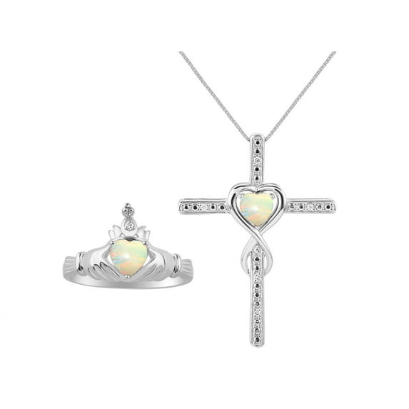 RYLOS Matching Jewelry Sterling Silver Claddagh Ring & Cross Necklace. Heart Gemstone & Diamonds, 6MM Opal African October Birthstone; Size 8
