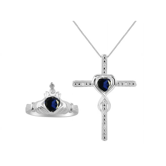 RYLOS Matching Jewelry Sterling Silver Claddagh Ring & Cross Necklace. Heart Gemstone & Diamonds, 6MM Sapphire September Birthstone; Size 6