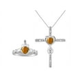 thumbnail image 1 of RYLOS Matching Jewelry Sterling Silver Claddagh Ring & Cross Necklace. Heart Gemstone & Diamonds, 6MM Tiger Eye November Birthstone; Size 5, 1 of 9
