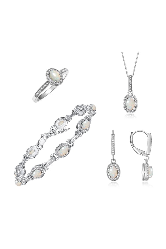 Matching Jewelry: Sterling Silver Designer Halo Tennis Bracelet, Earrings, Ring & Necklace. 7X5MM, 6X4MM & 5X3MM Opal October Birthstone; Size 10