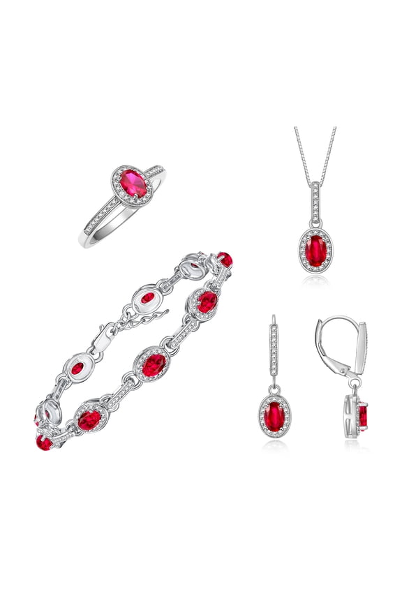 Matching Jewelry: Sterling Silver Designer Halo Tennis Bracelet, Earrings, Ring & Necklace. 7X5MM, 6X4MM & 5X3MM Ruby July Birthstone; Size 5